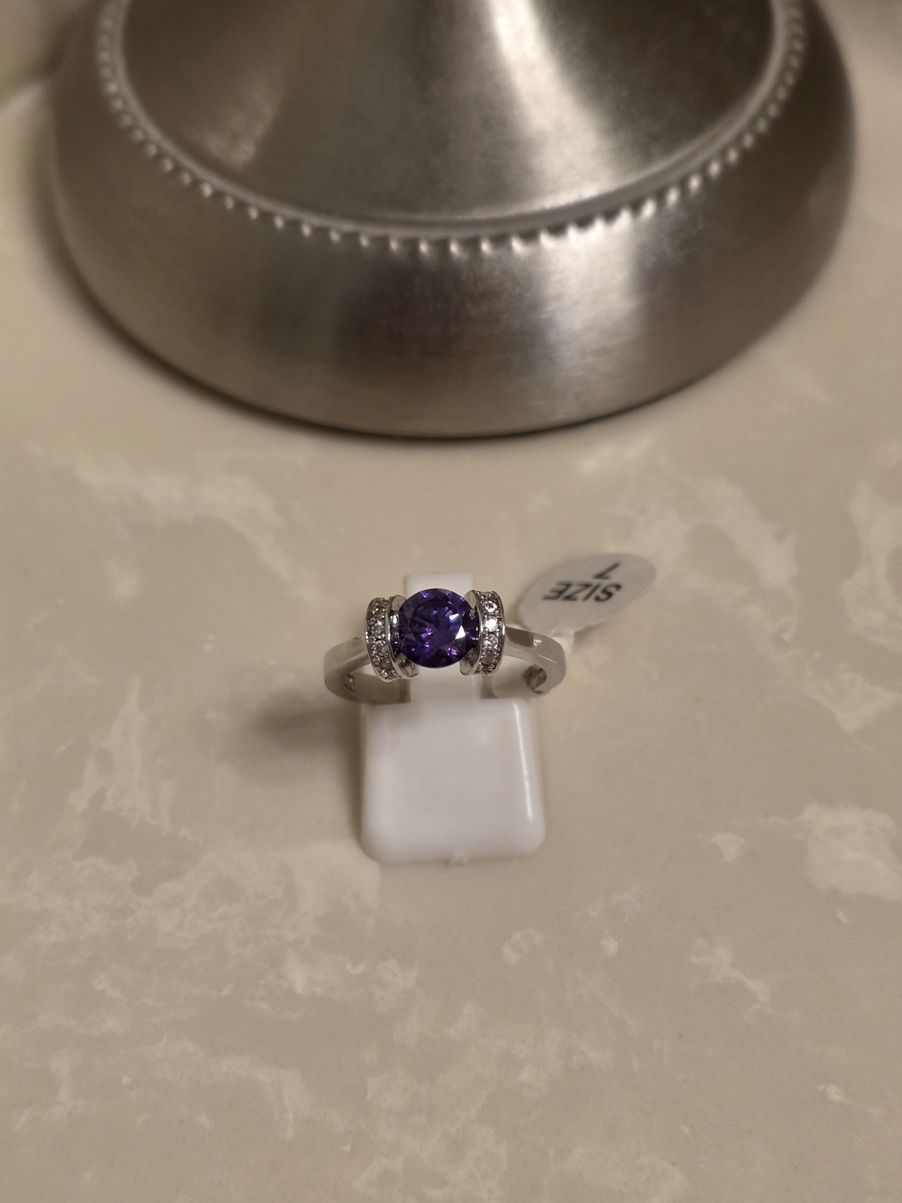 Silver CZ and Amethyst Halo Ring Size 7